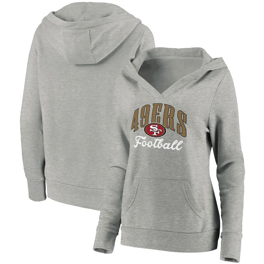 Women San Francisco 49ers NFL Pro Line by Fanatics Branded Heathered Gray Team Victory Script Crossover V-Neck Pullover Hoodie